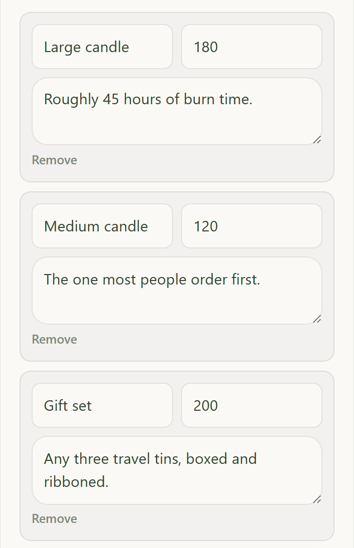 The builder's What you sell step, with three example items filled in: Large candle 180, Medium candle 120, Gift set 200, each with one line of description.