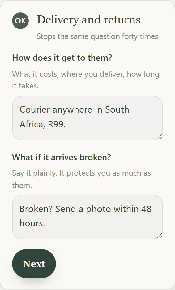 The builder's Delivery and returns step: courier anywhere in South Africa for R99, free over R600, and a photo within 48 hours if it arrives broken.